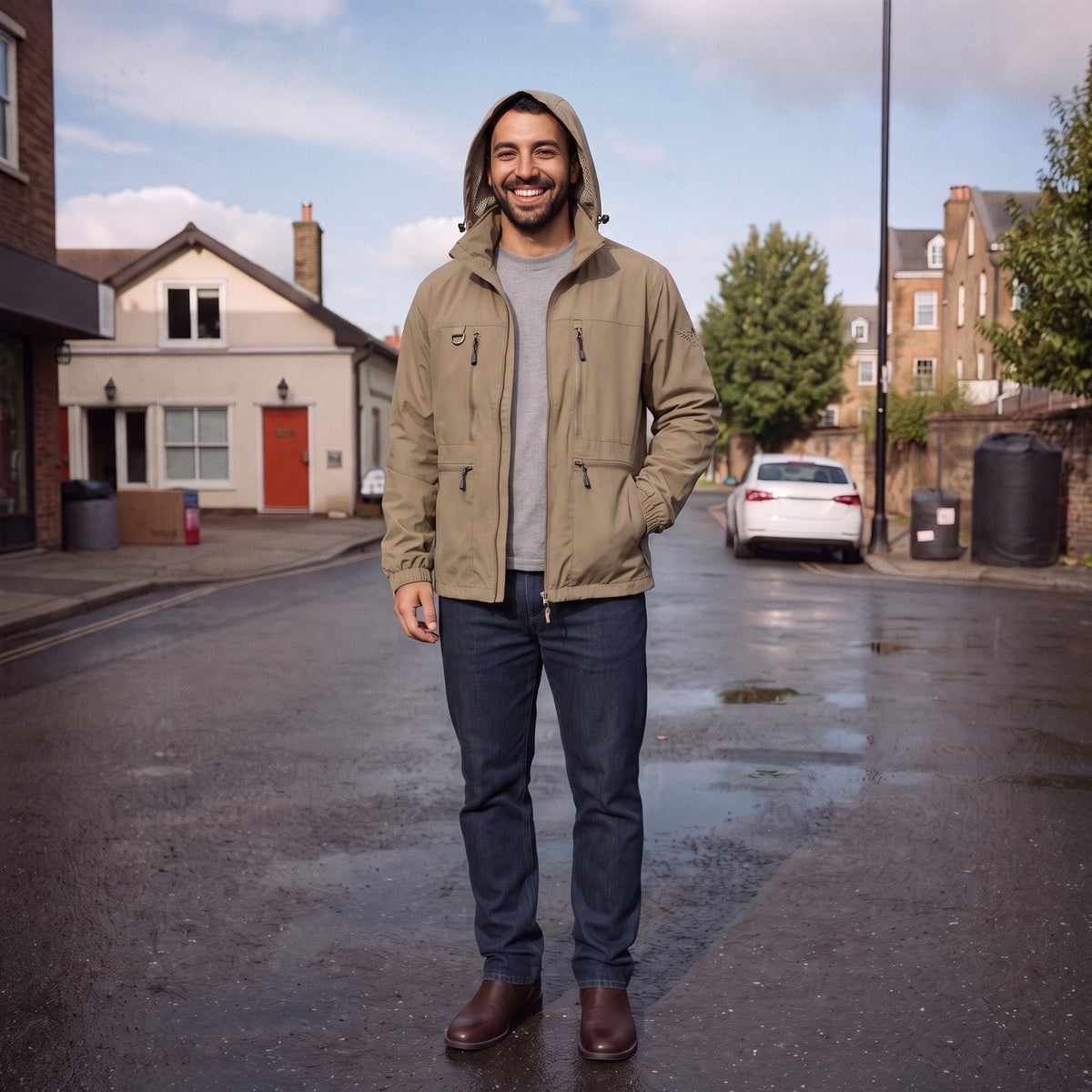 Man wearing khaki hooded jacket with jeans, standing on wet street | Chaps London