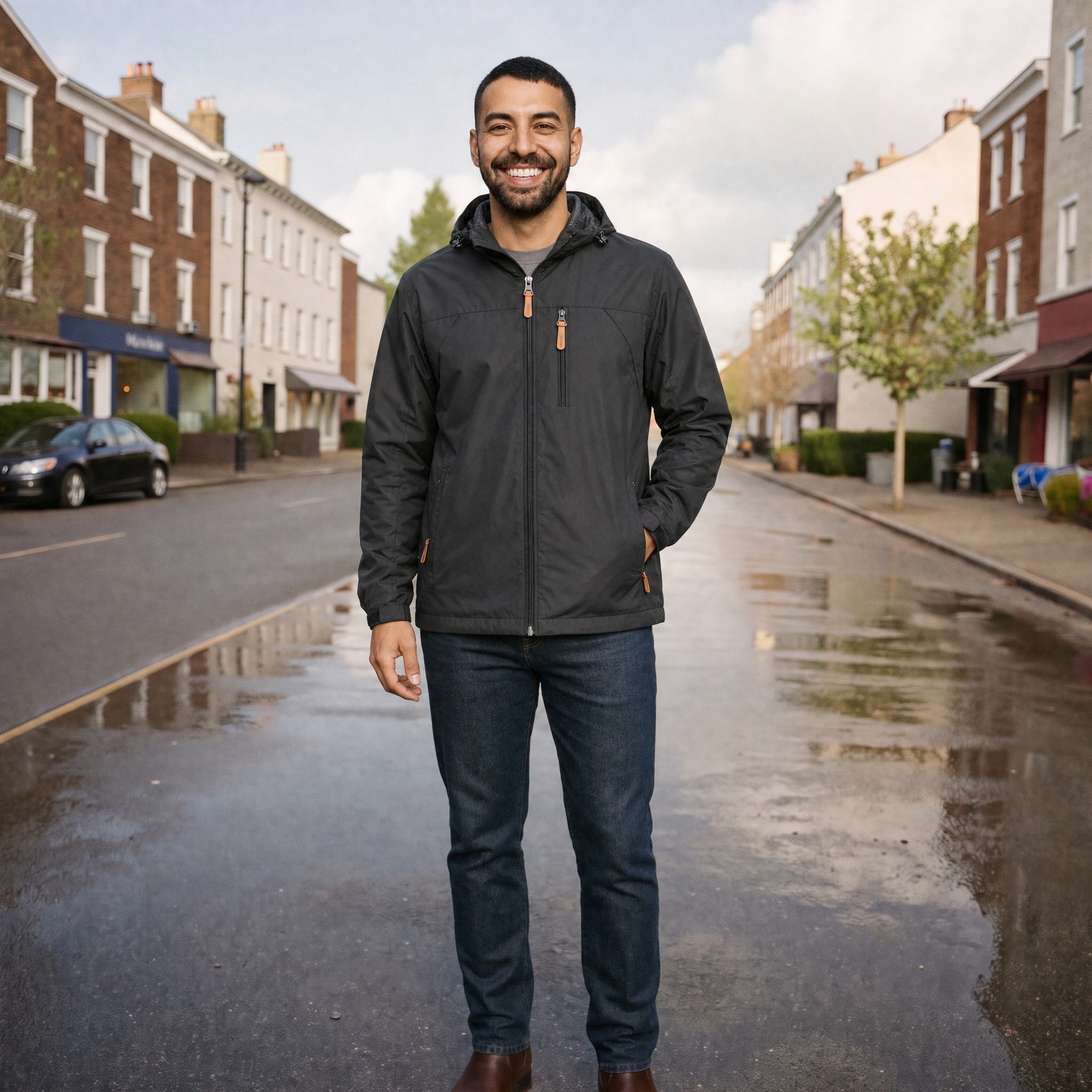 Man wearing dark gray hooded jacket, standing on rainy city street | Chaps London