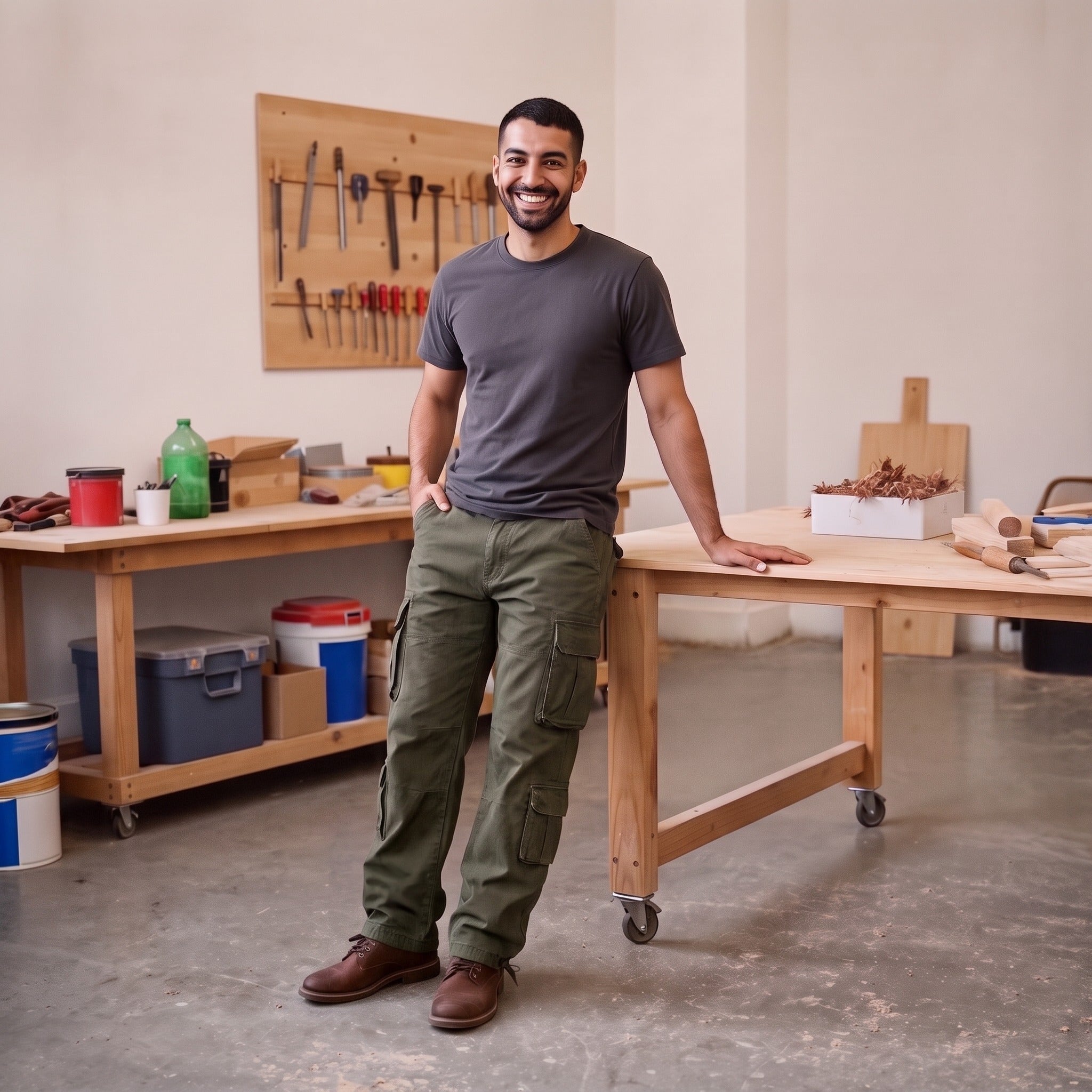 Man wearing olive green cargo utility trousers with gray t-shirt in workshop | Chaps London