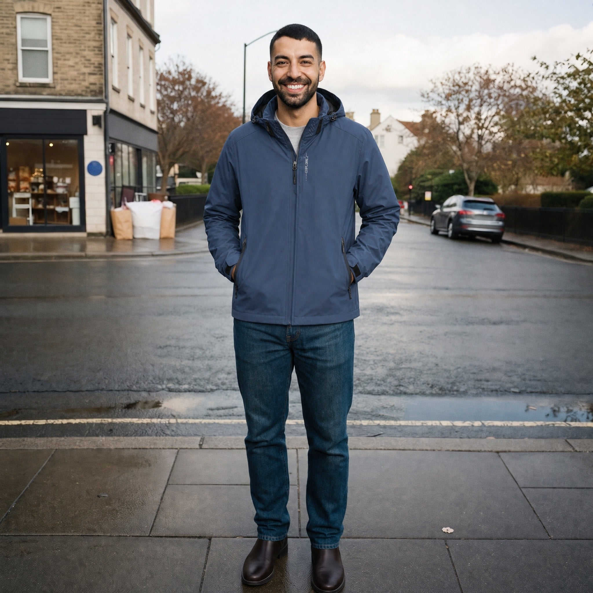 Man wearing navy hooded waterproof jacket with jeans, standing on street | Chaps London