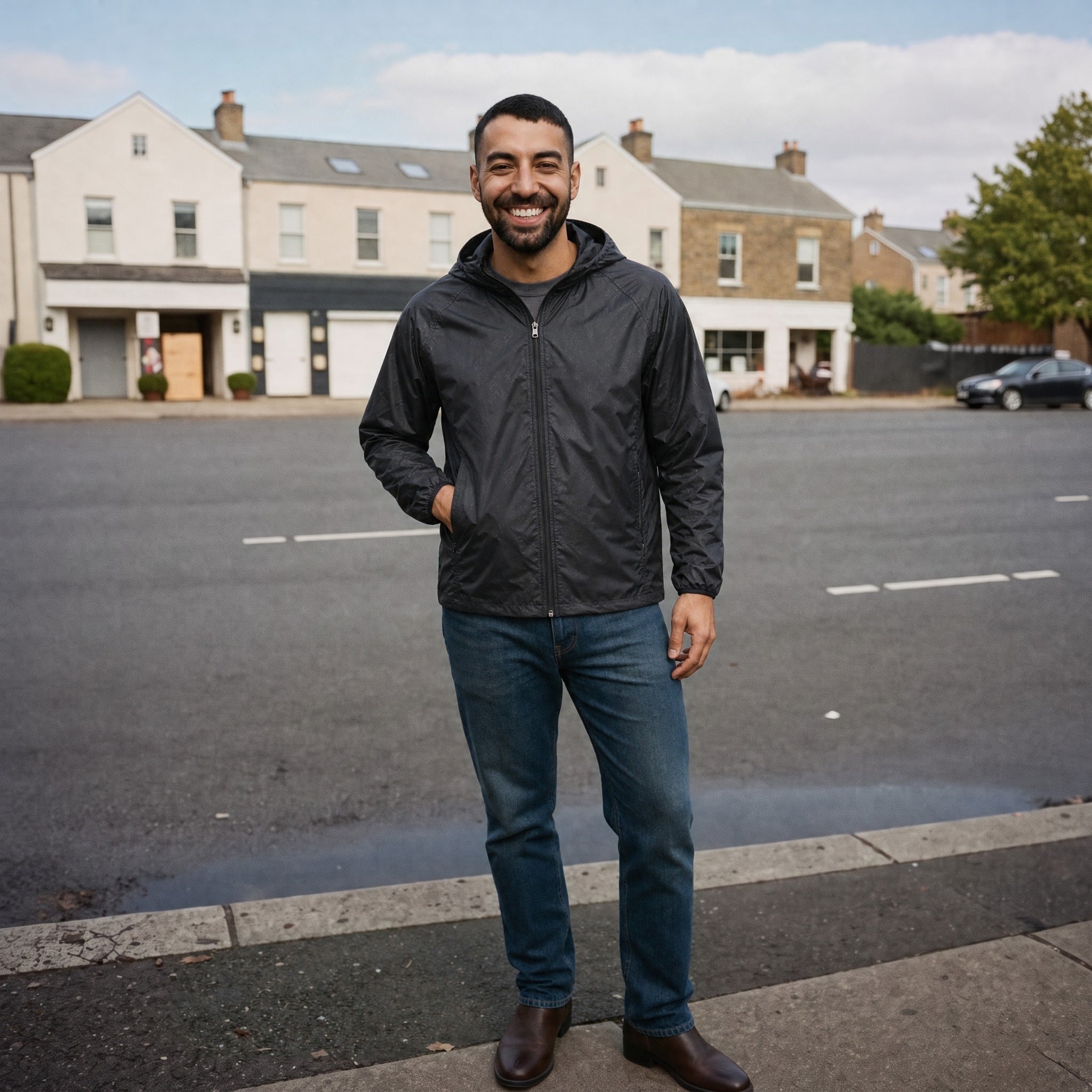 Man wearing black hooded jacket with jeans, standing on street | Chaps London