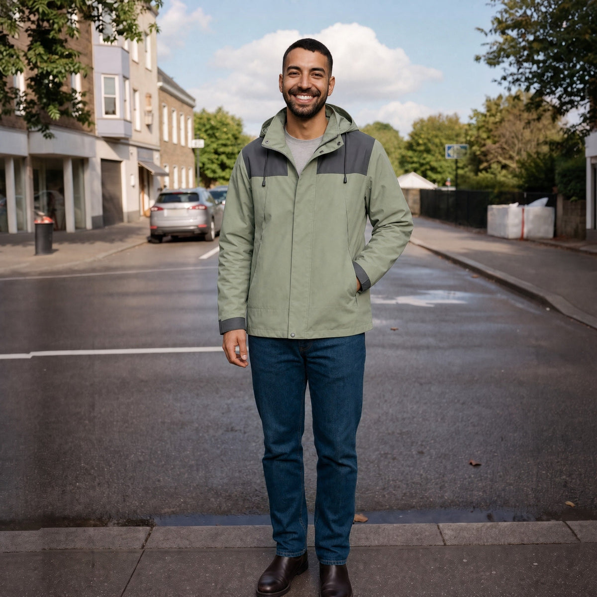 Man wearing green hooded waterproof jacket with dark jeans on street | Chaps London