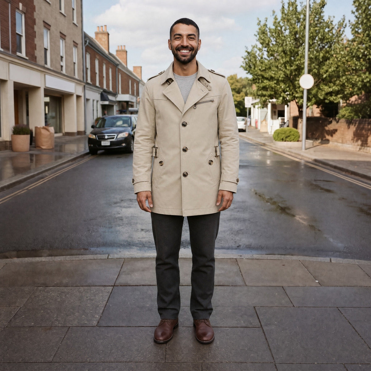 Man wearing beige single-breasted trench coat, standing on city street | Chaps London