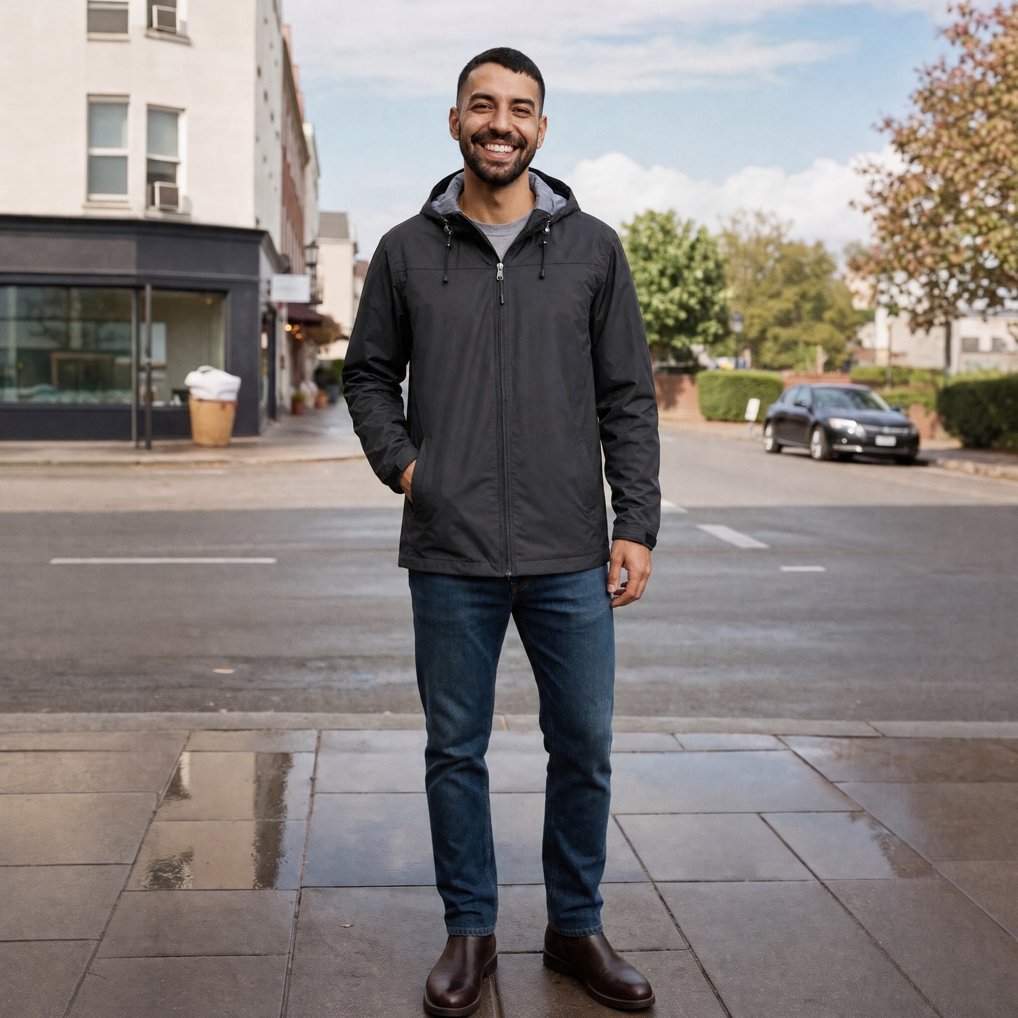 Man wearing dark grey hooded jacket with jeans on city street | Chaps London