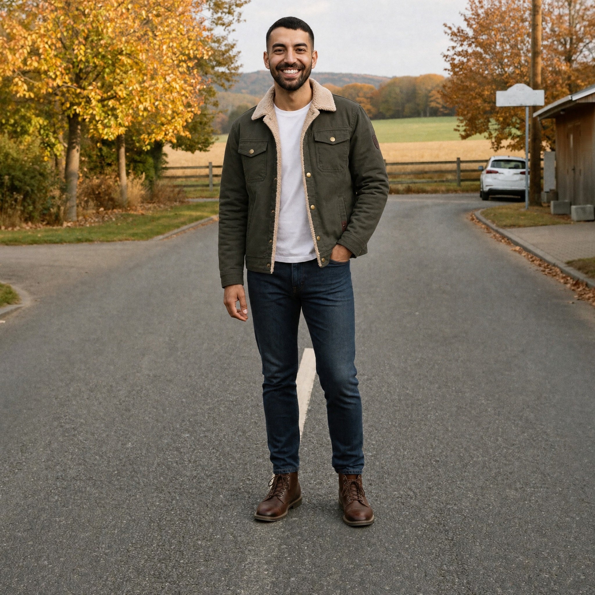 Man wearing olive green sherpa trucker jacket with jeans outdoors | Chaps London