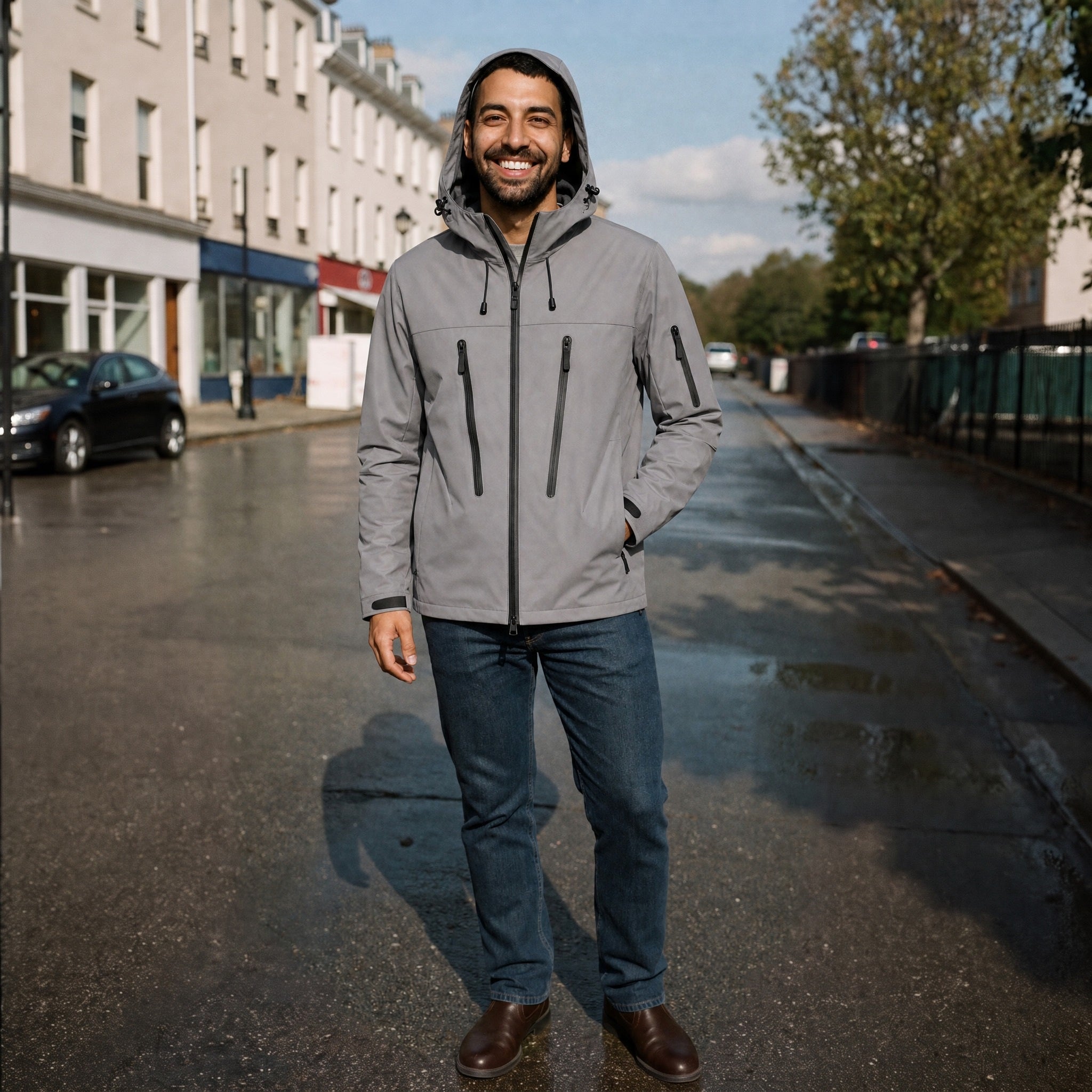 Man wearing gray hooded rain jacket with jeans on street | Chaps London