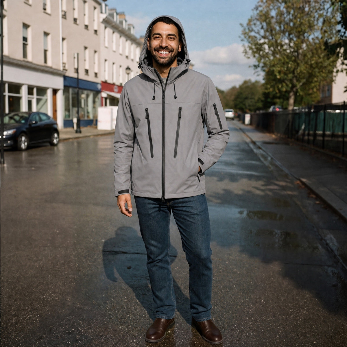 Man wearing gray hooded rain jacket with jeans on street | Chaps London