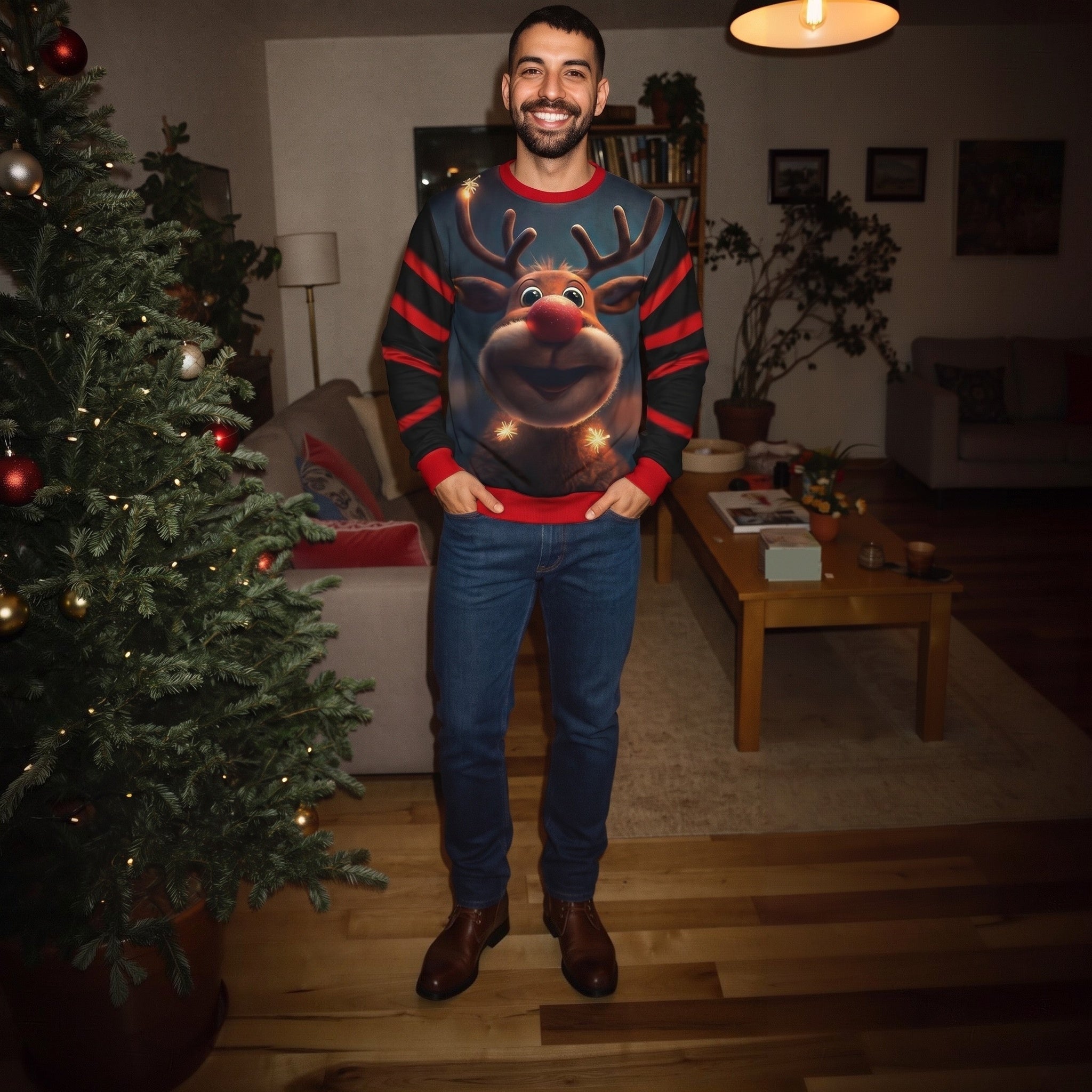 Man wearing red and grey reindeer Christmas jumper with striped sleeves | Chaps London