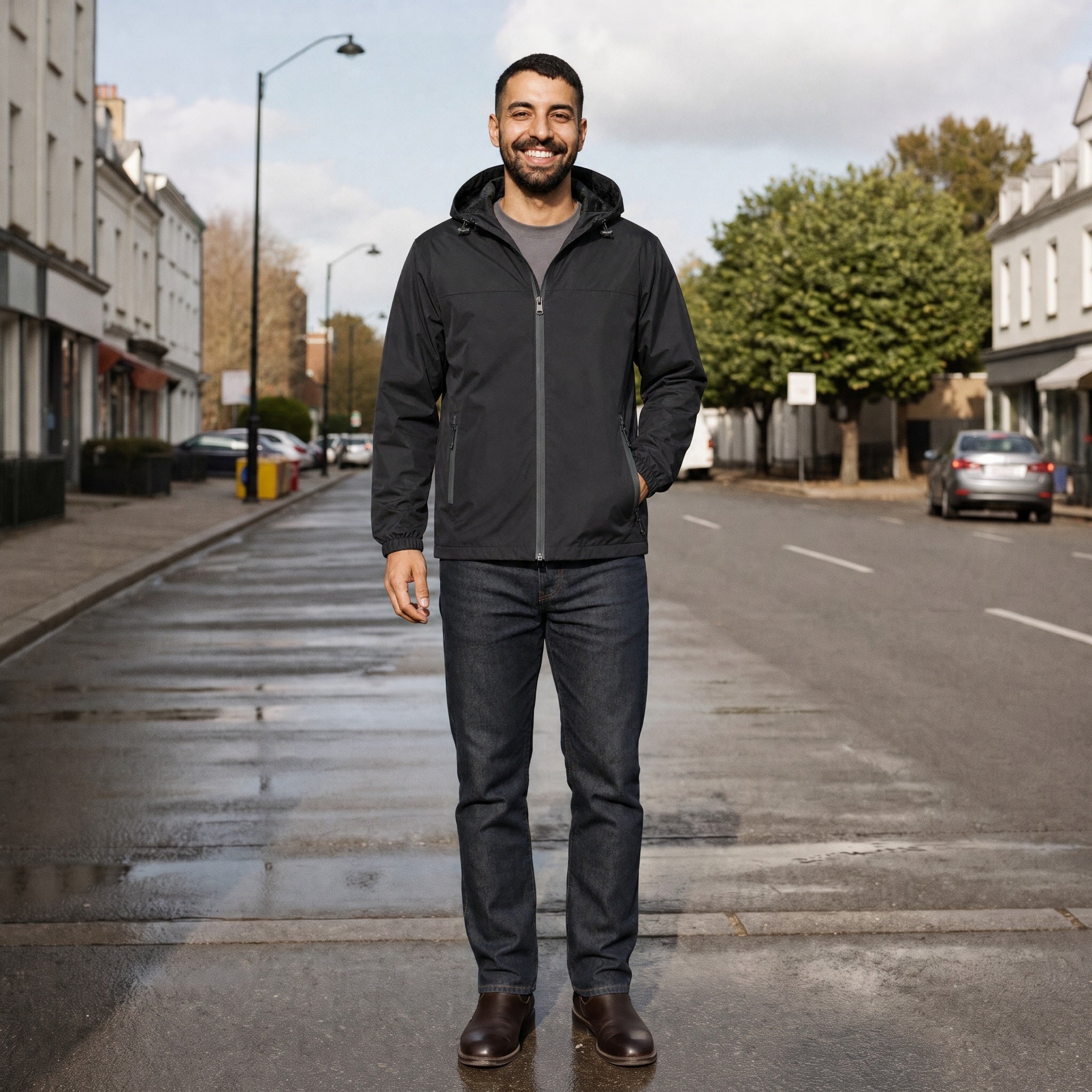 Man wearing black hooded windbreaker jacket with dark jeans on street | Chaps London
