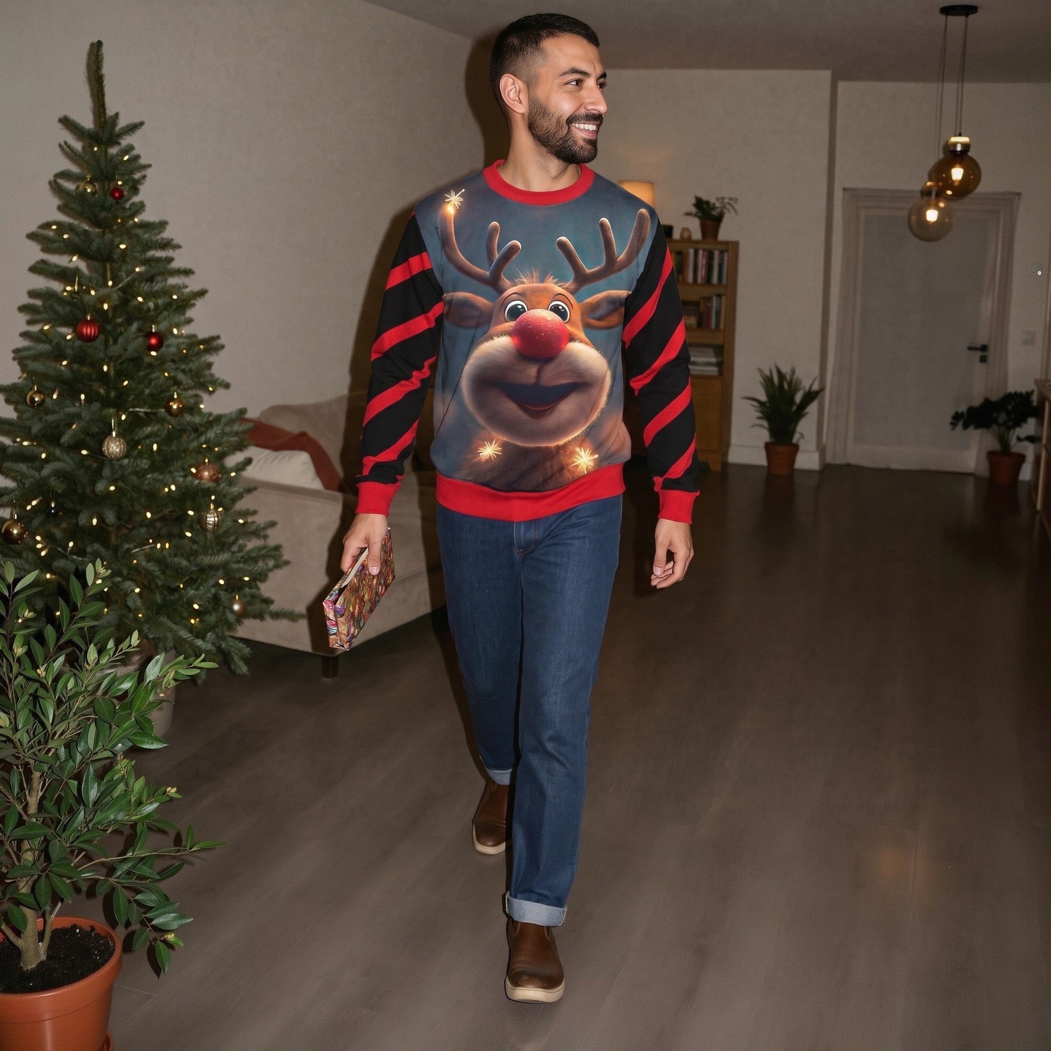 Man wearing reindeer print Christmas jumper with red striped sleeves, walking indoors | Chaps London