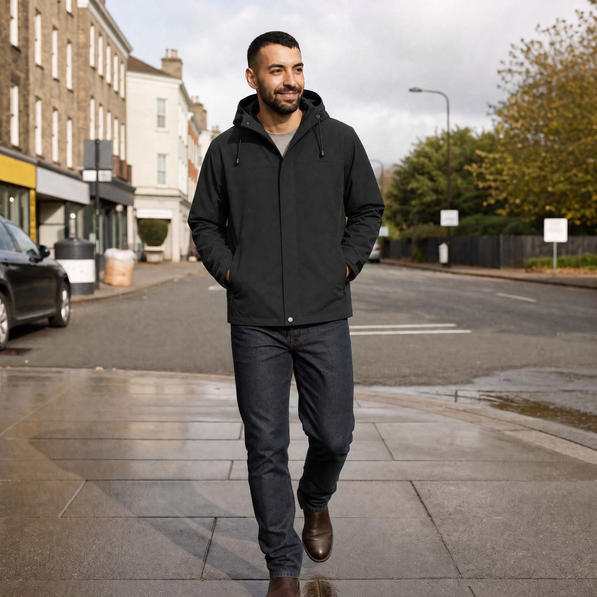 Man wearing black hooded waterproof jacket with jeans, walking outdoors on street | Chaps London