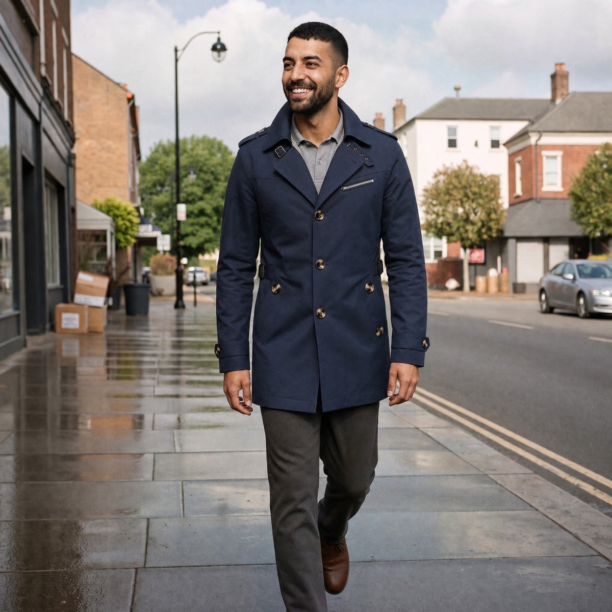 Man wearing navy double-breasted trench coat walking on city sidewalk | Chaps London
