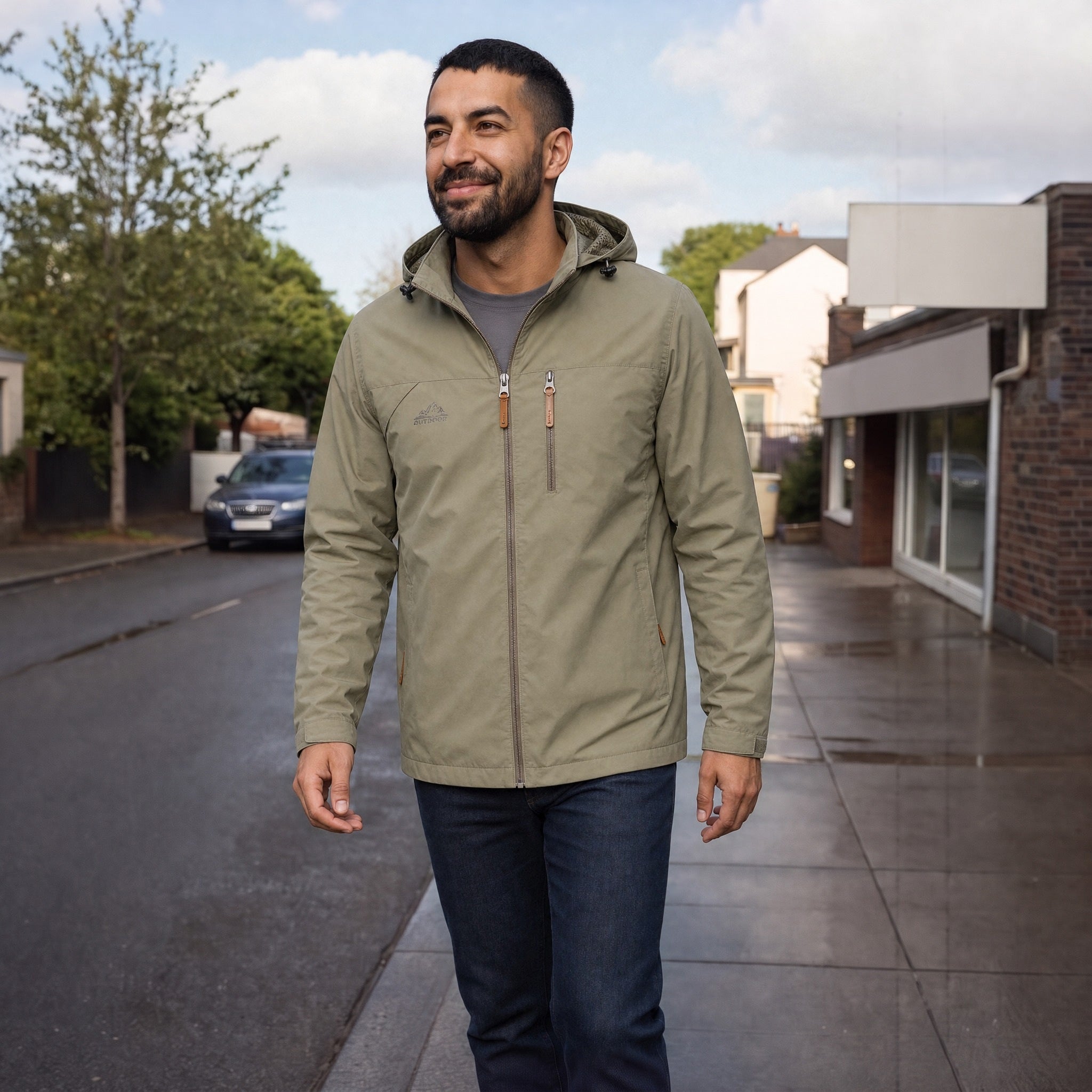 Man wearing olive green hooded jacket, walking on wet sidewalk outdoors | Chaps London