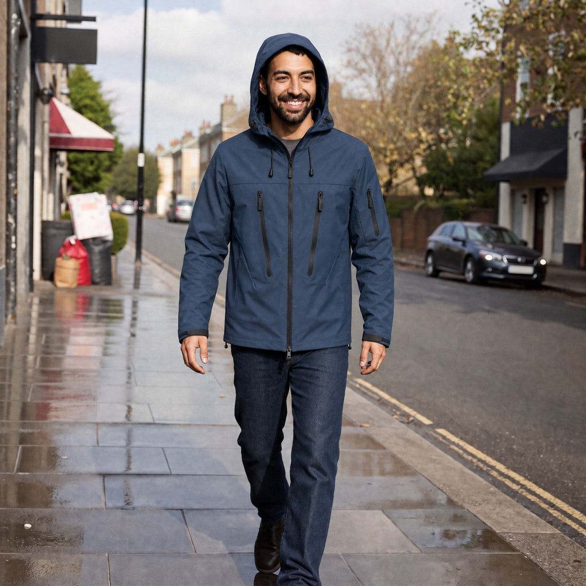 Man wearing navy hooded rain jacket, walking on city sidewalk | Chaps London