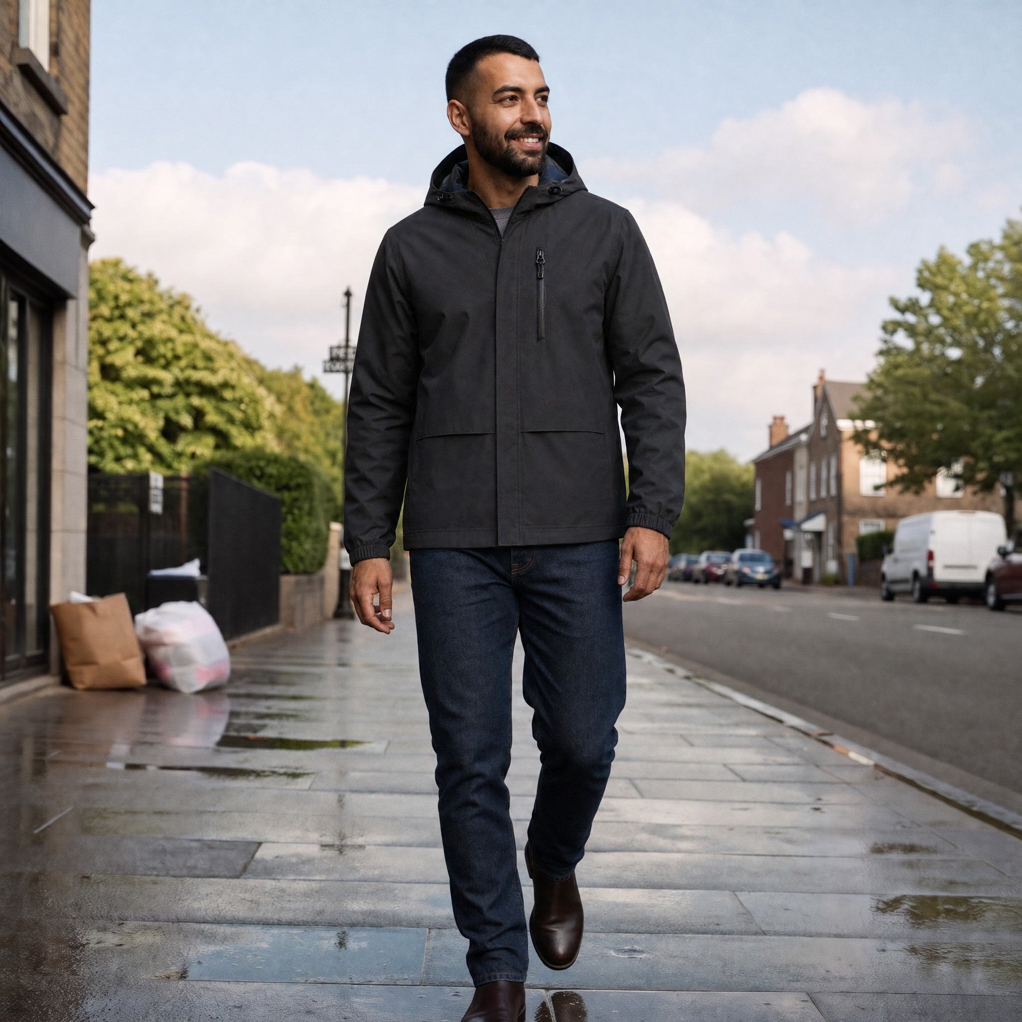 Man wearing dark gray hooded rain jacket with jeans, walking outdoors on street | Chaps London