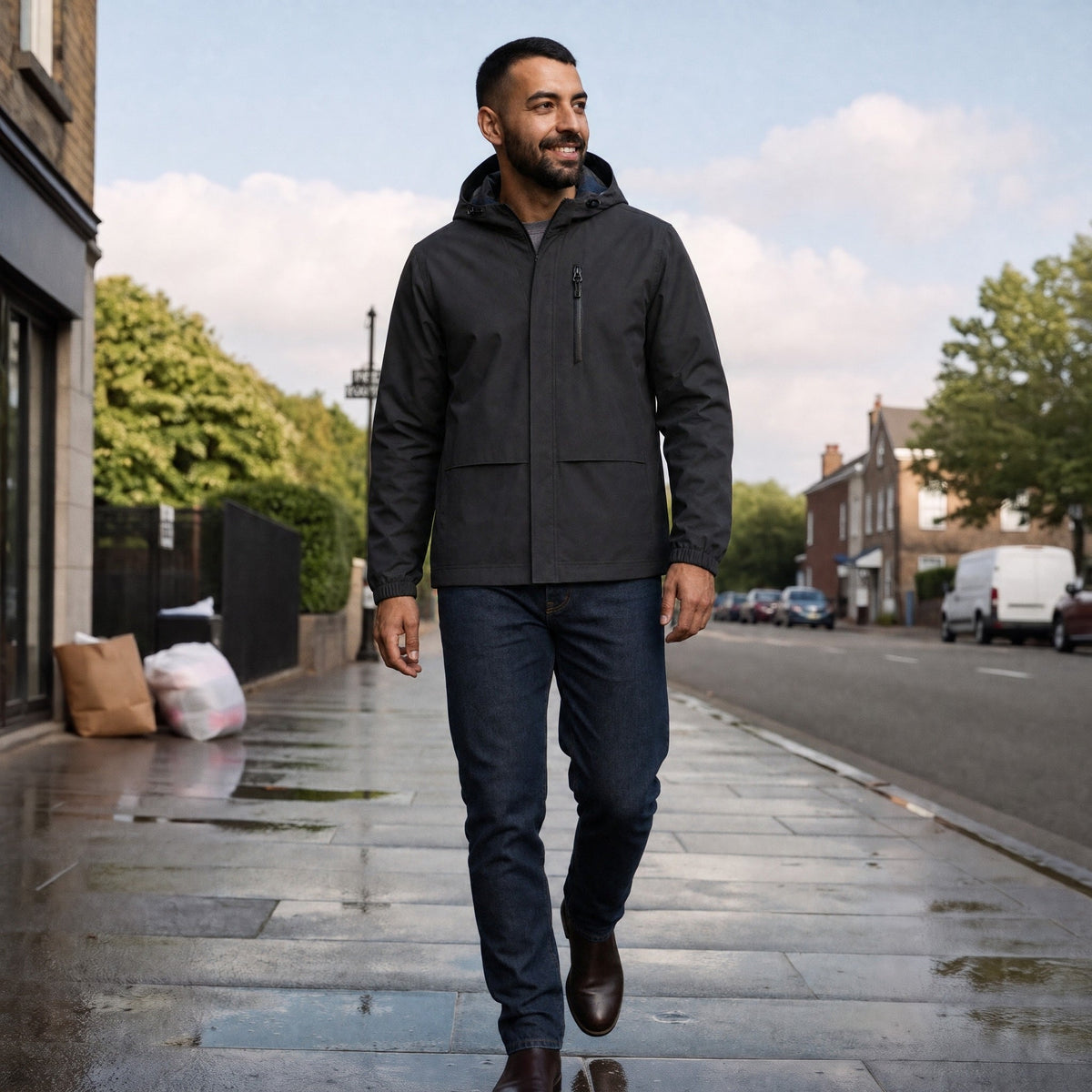 Men's Short Rain Jacket | Hooded | Waterproof | Zip Chest Pocket