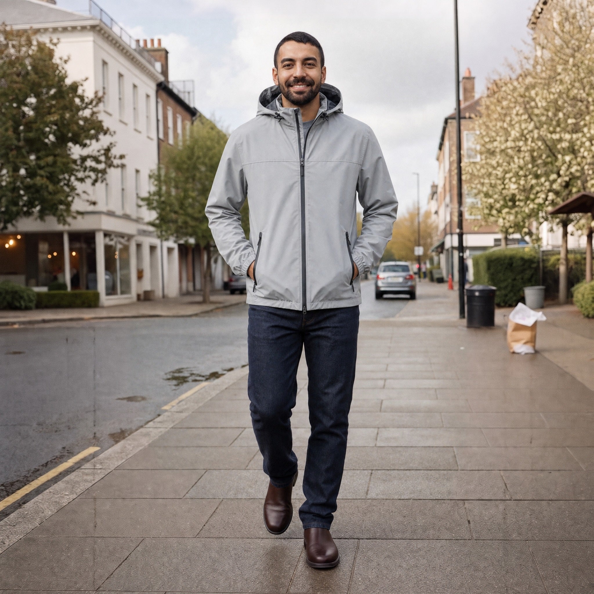 Man wearing grey hooded windbreaker jacket with jeans, walking on sidewalk | Chaps London