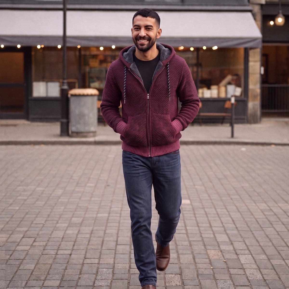 Man wearing burgundy knitted zip-up hoodie with jeans walking outdoors | Chaps London
