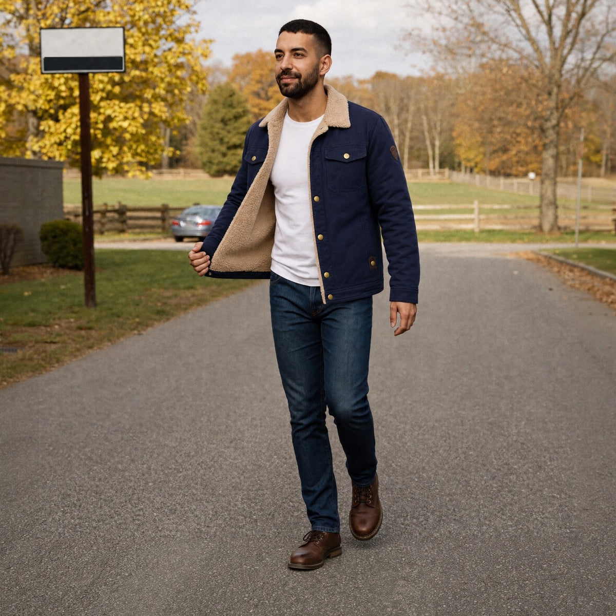 Man wearing navy sherpa trucker jacket with jeans, walking outdoors | Chaps London