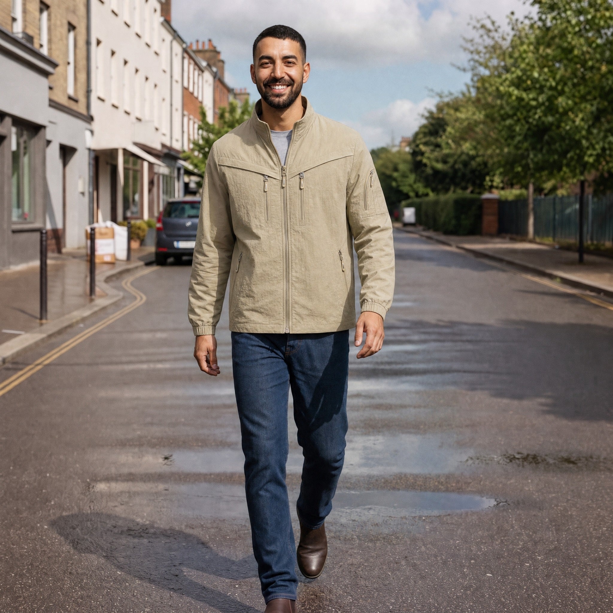 Man wearing beige utility field jacket with jeans, walking on street | Chaps London