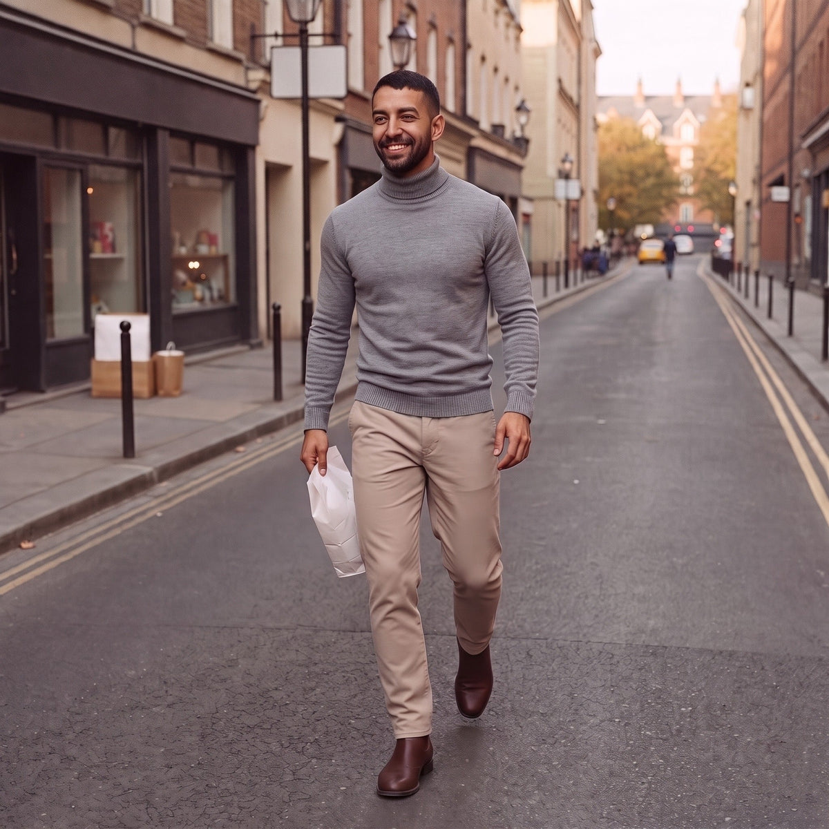 Man wearing grey knit turtleneck sweater with beige trousers on street | Chaps London