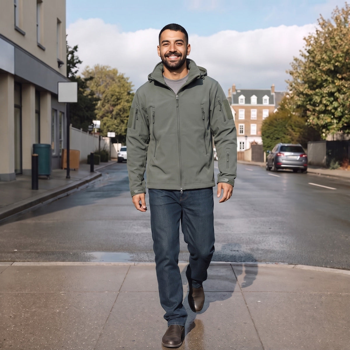Man wearing olive green hooded softshell jacket with dark jeans outdoors | Chaps London