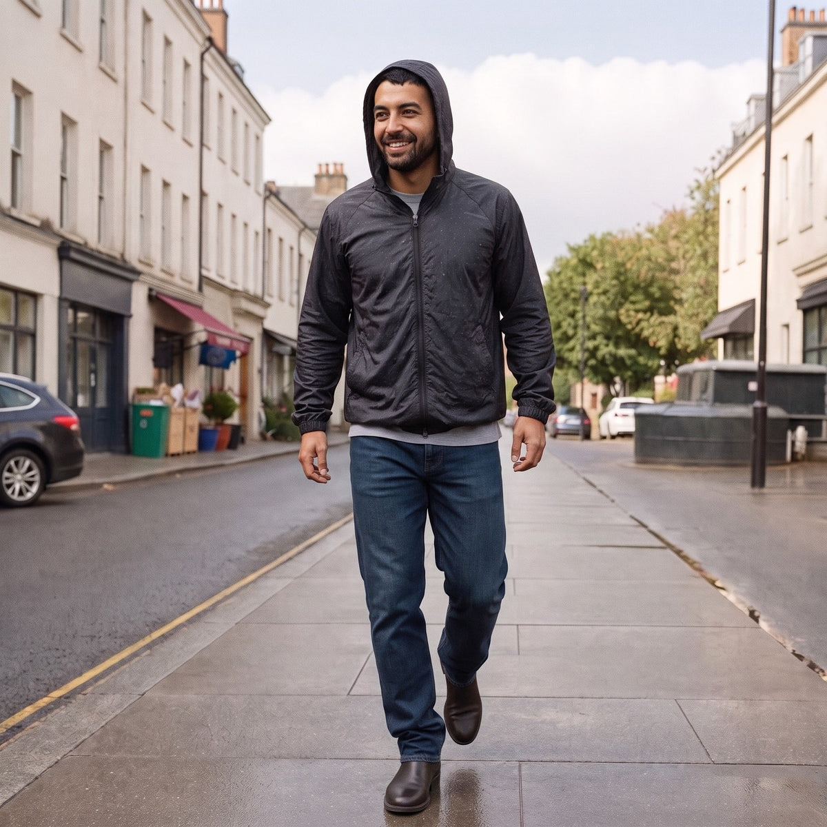 Man wearing dark gray hooded windbreaker, jeans, walking on city street | Chaps London
