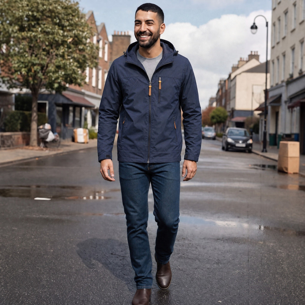Man wearing navy hooded windbreaker jacket with jeans, walking on street | Chaps London