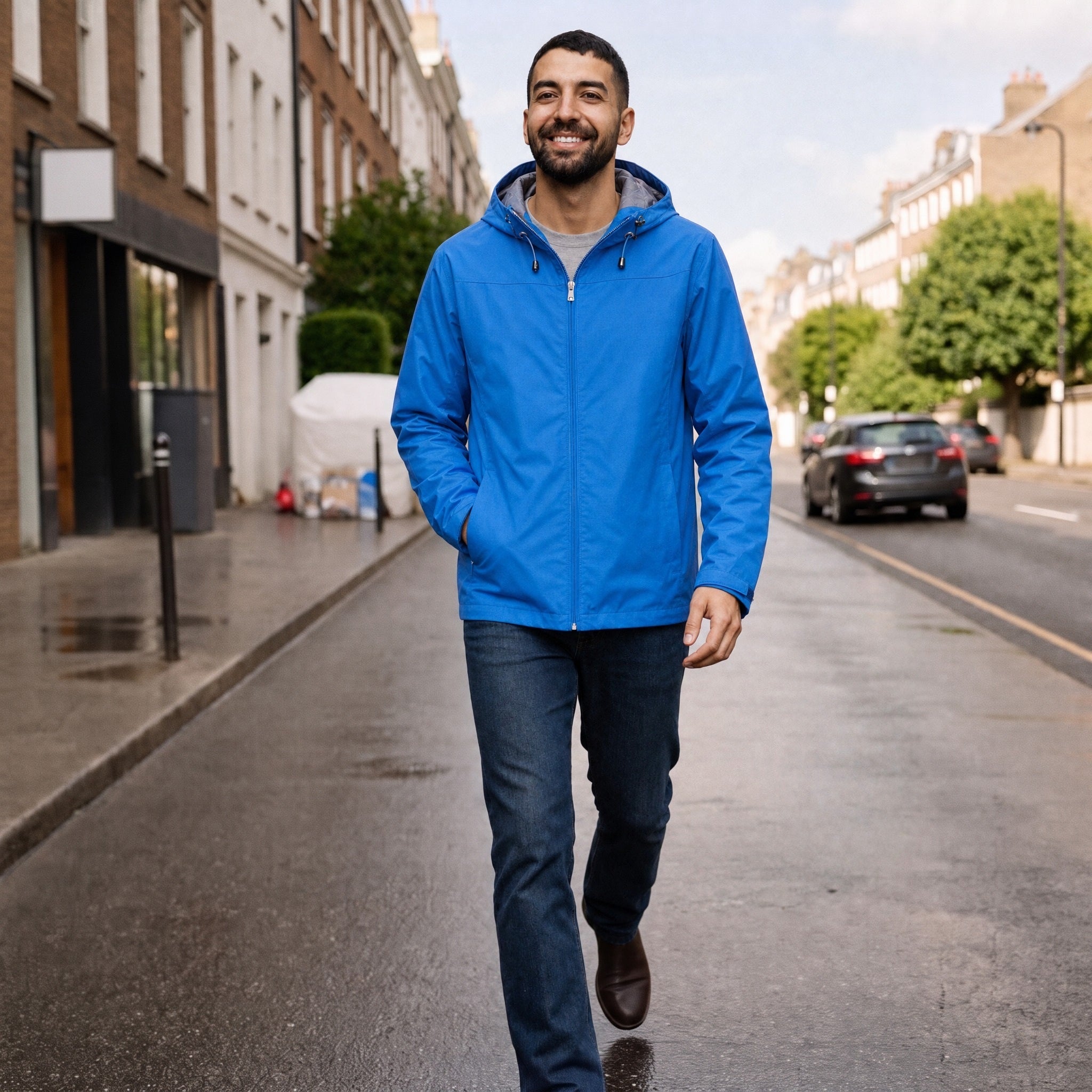 Man wearing blue hooded waterproof jacket walking on wet city street | Chaps London