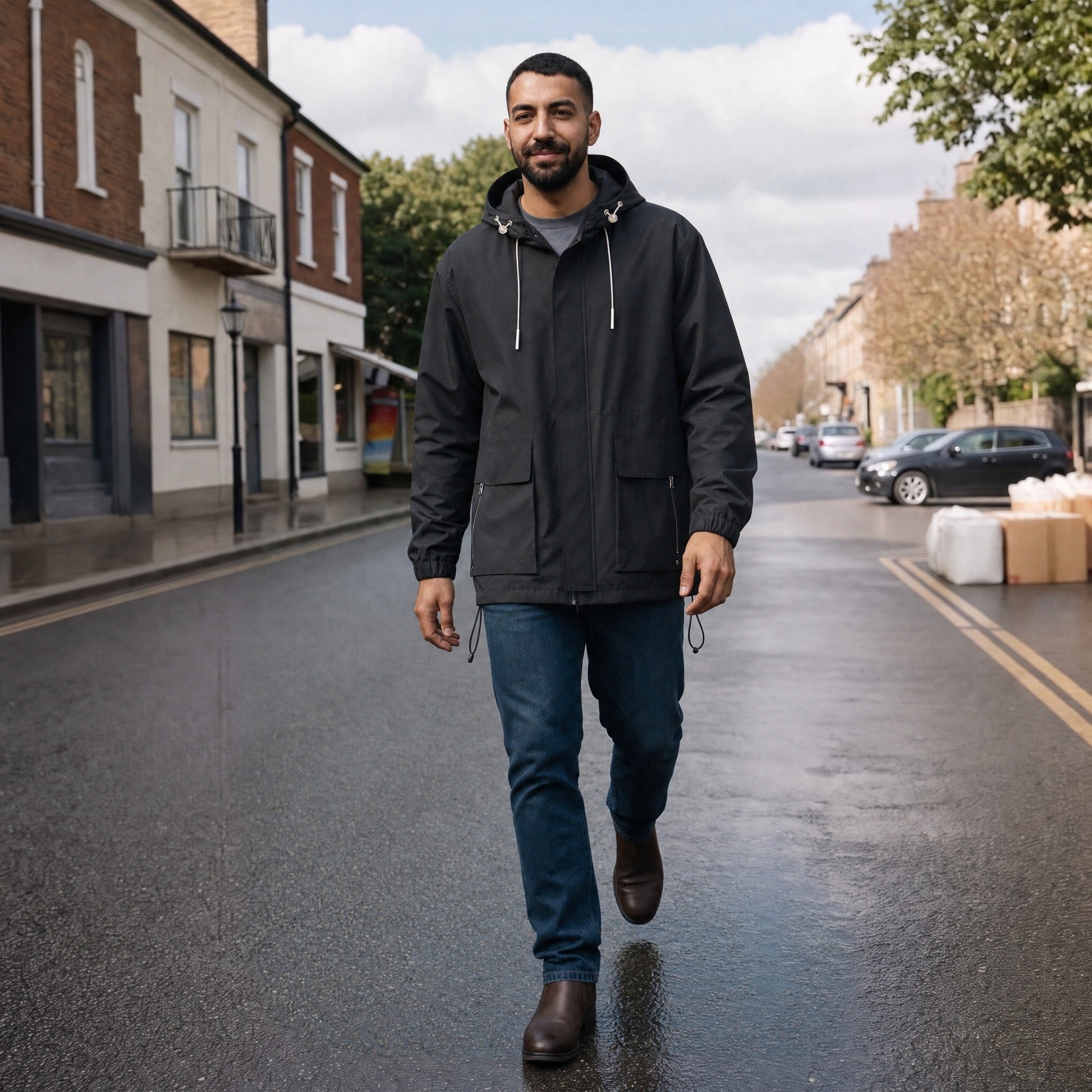 Man wearing black hooded windbreaker jacket with jeans, walking on street | Chaps London