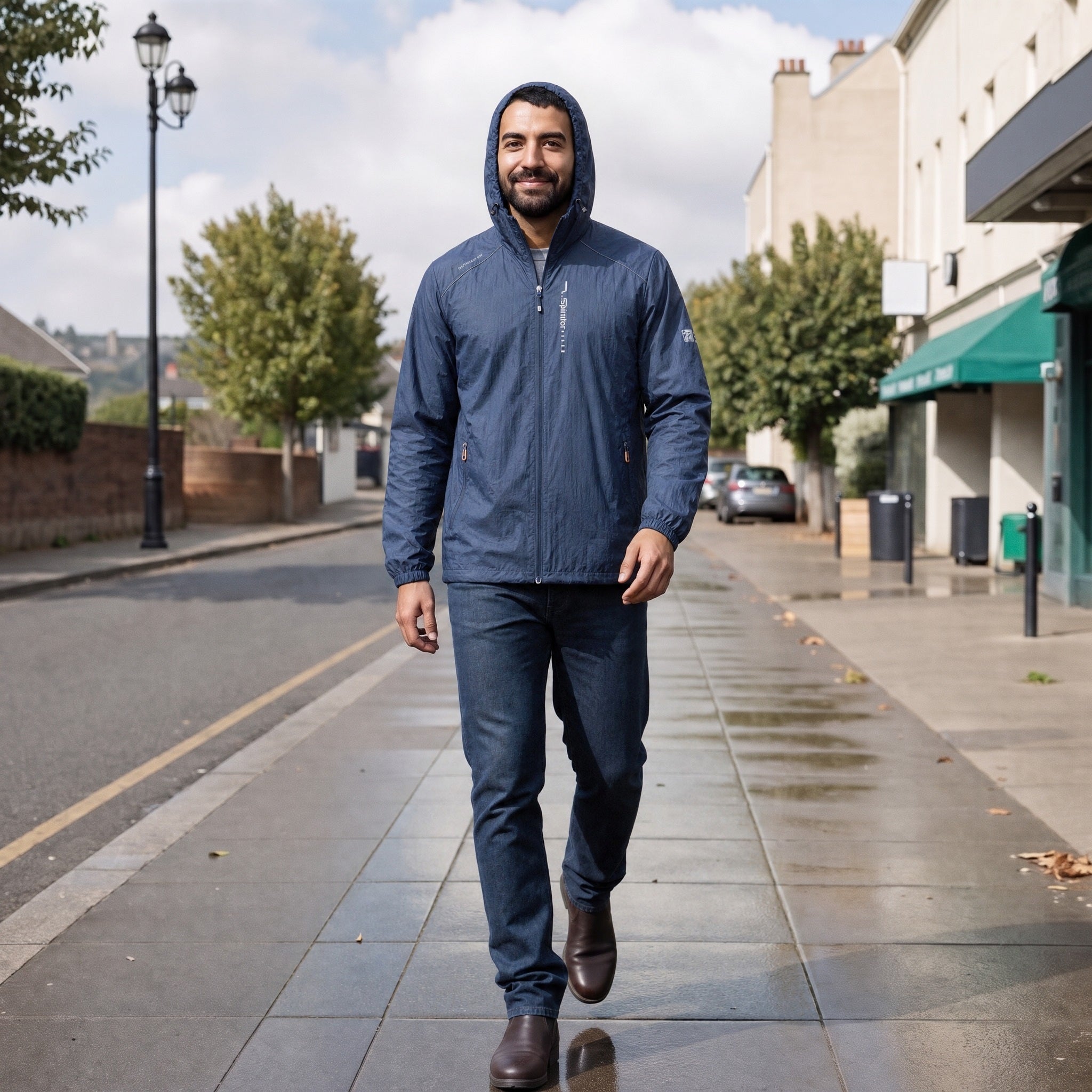 Man wearing navy hooded jacket, walking on city sidewalk street | Chaps London