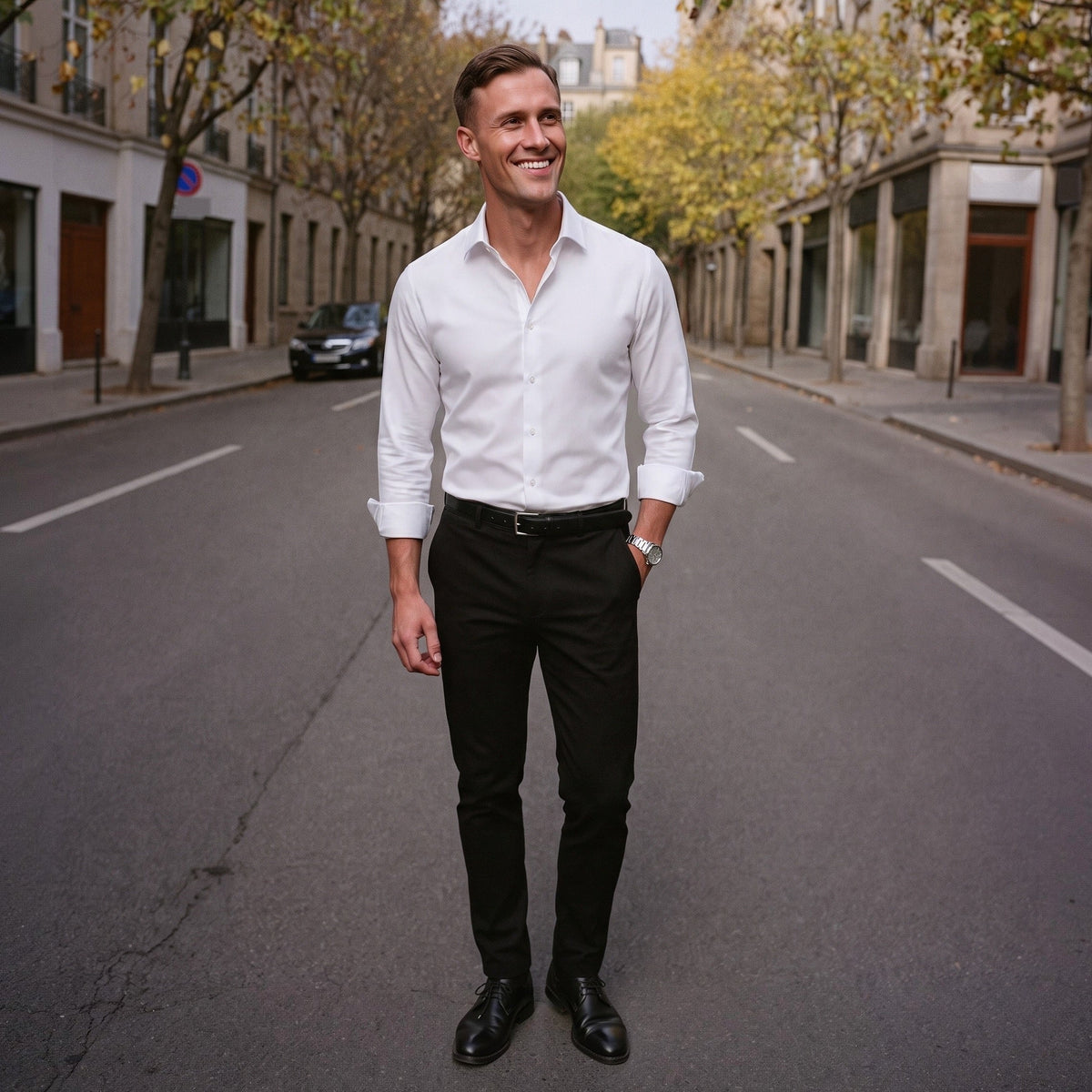 Man wearing white point collar shirt with black trousers on street | Chaps London