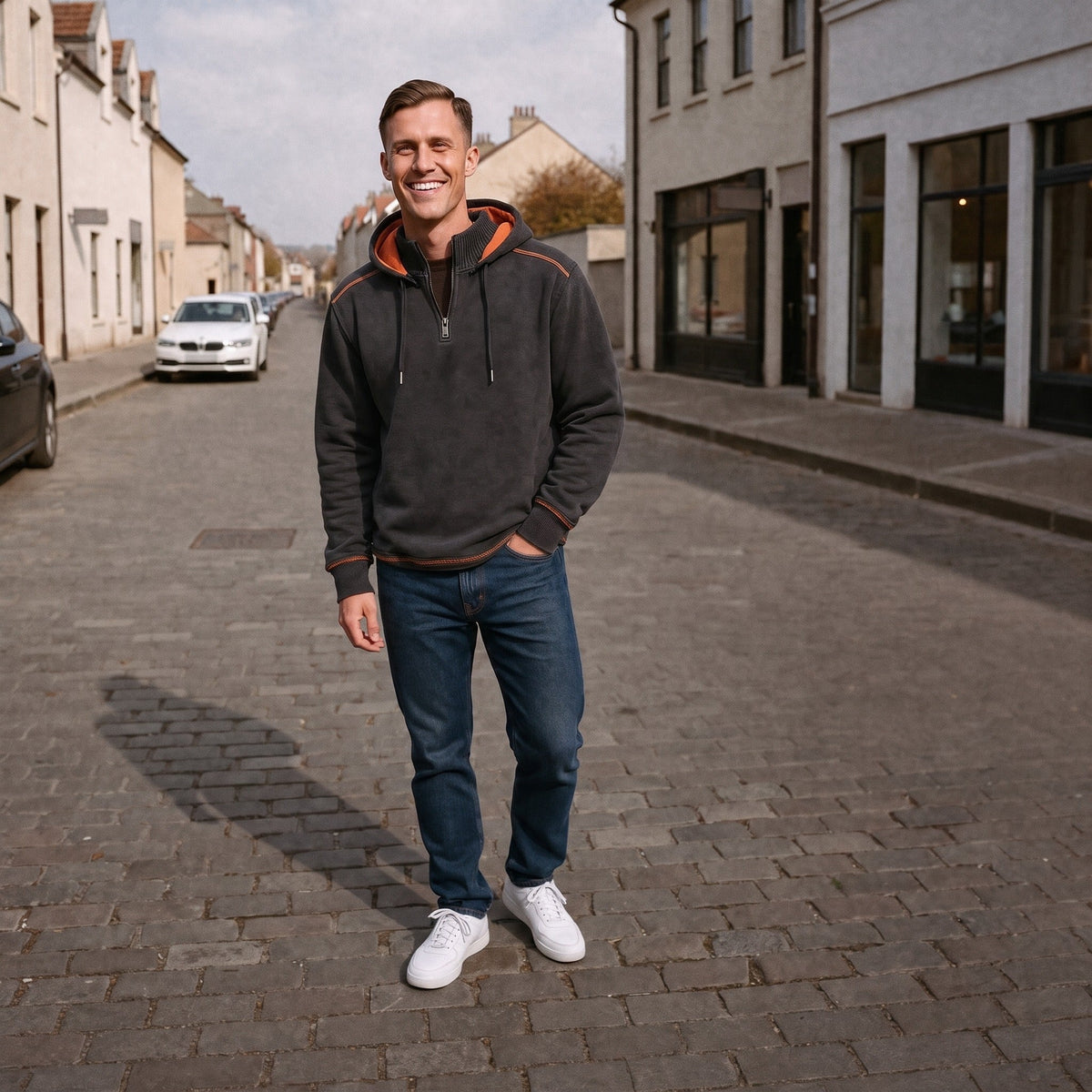 Man wearing grey half-zip hoodie with orange piping, standing outdoors | Chaps London