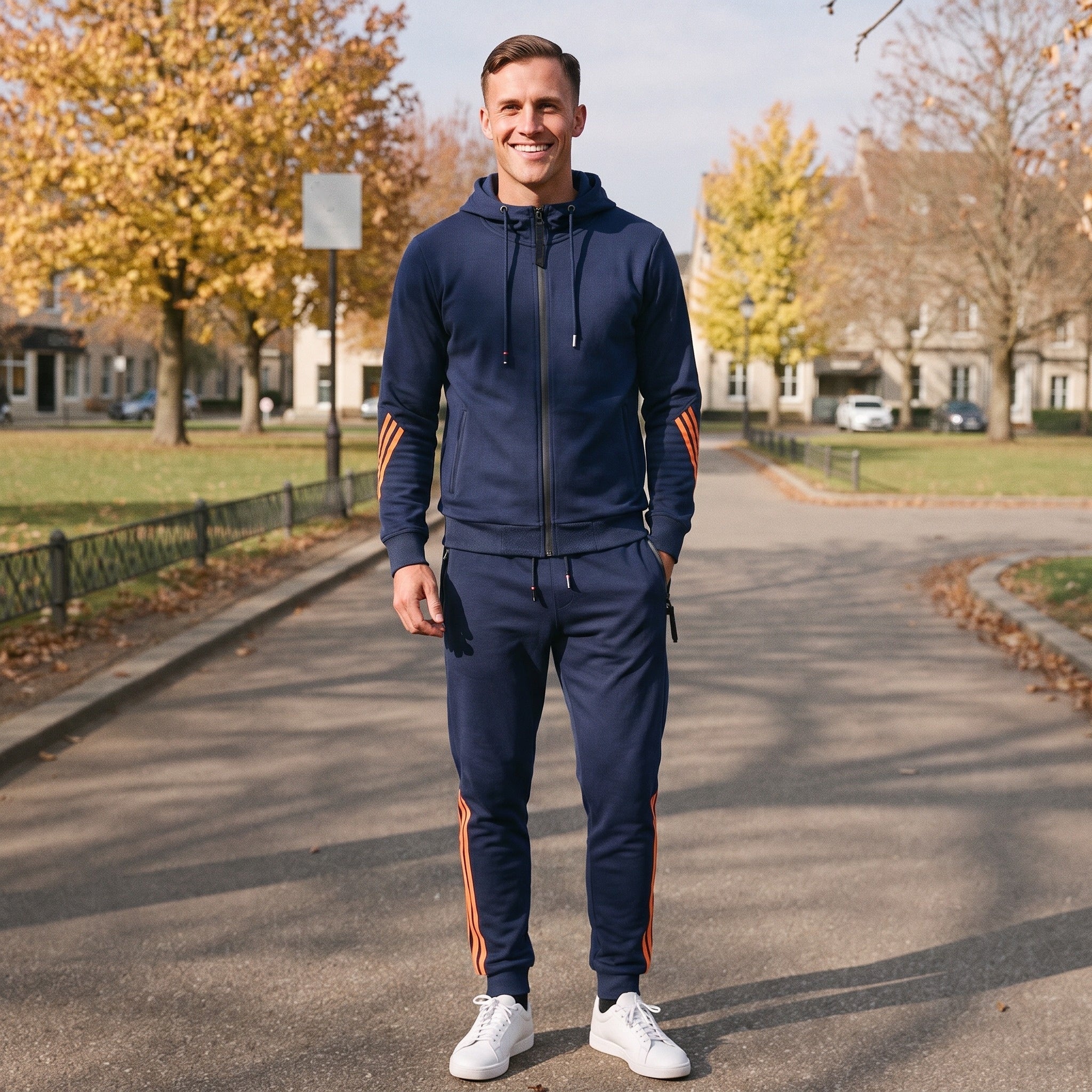 Man wearing navy hooded tracksuit with orange striped sleeves and pants | Chaps London