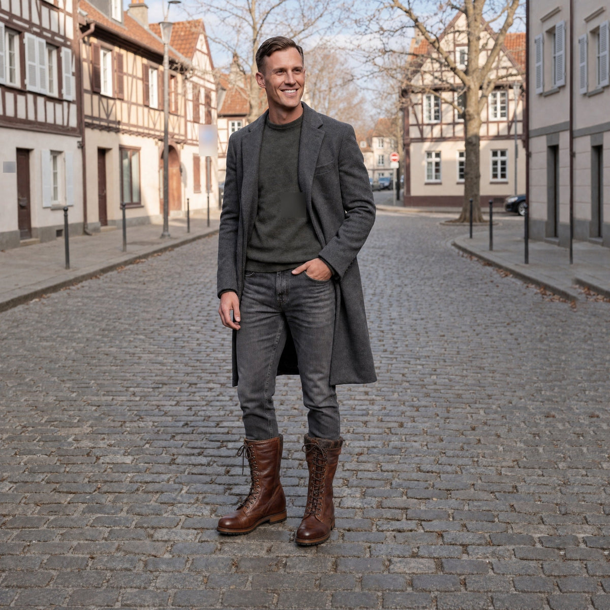 Man wearing brown lace-up boots with grey coat on cobblestone street | Chaps London