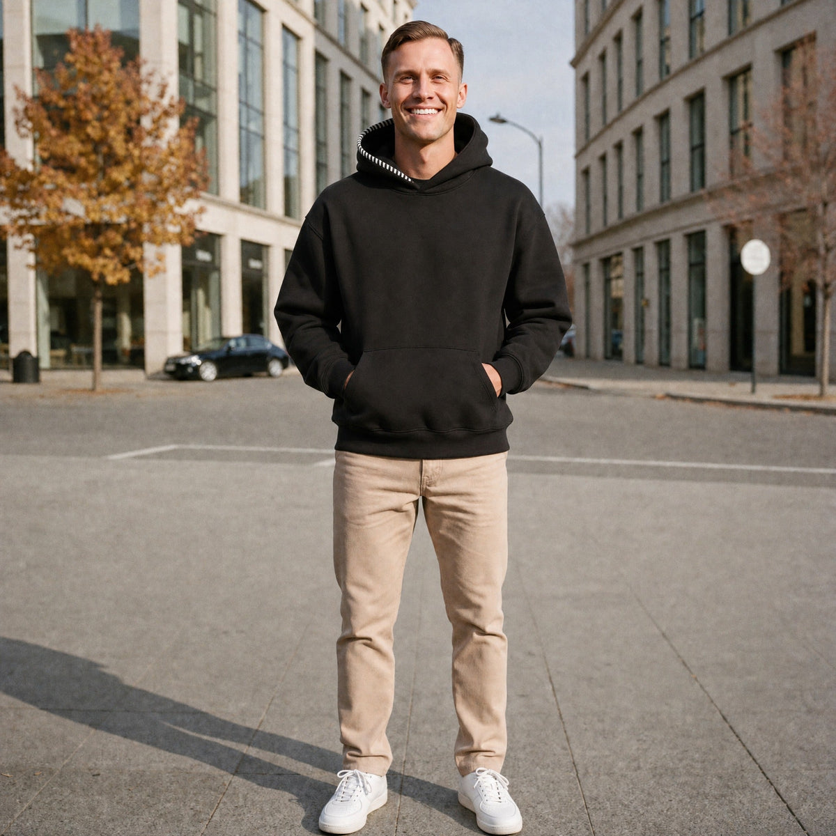 Man wearing black oversized hoodie with striped hood trim, standing outdoors | Chaps London