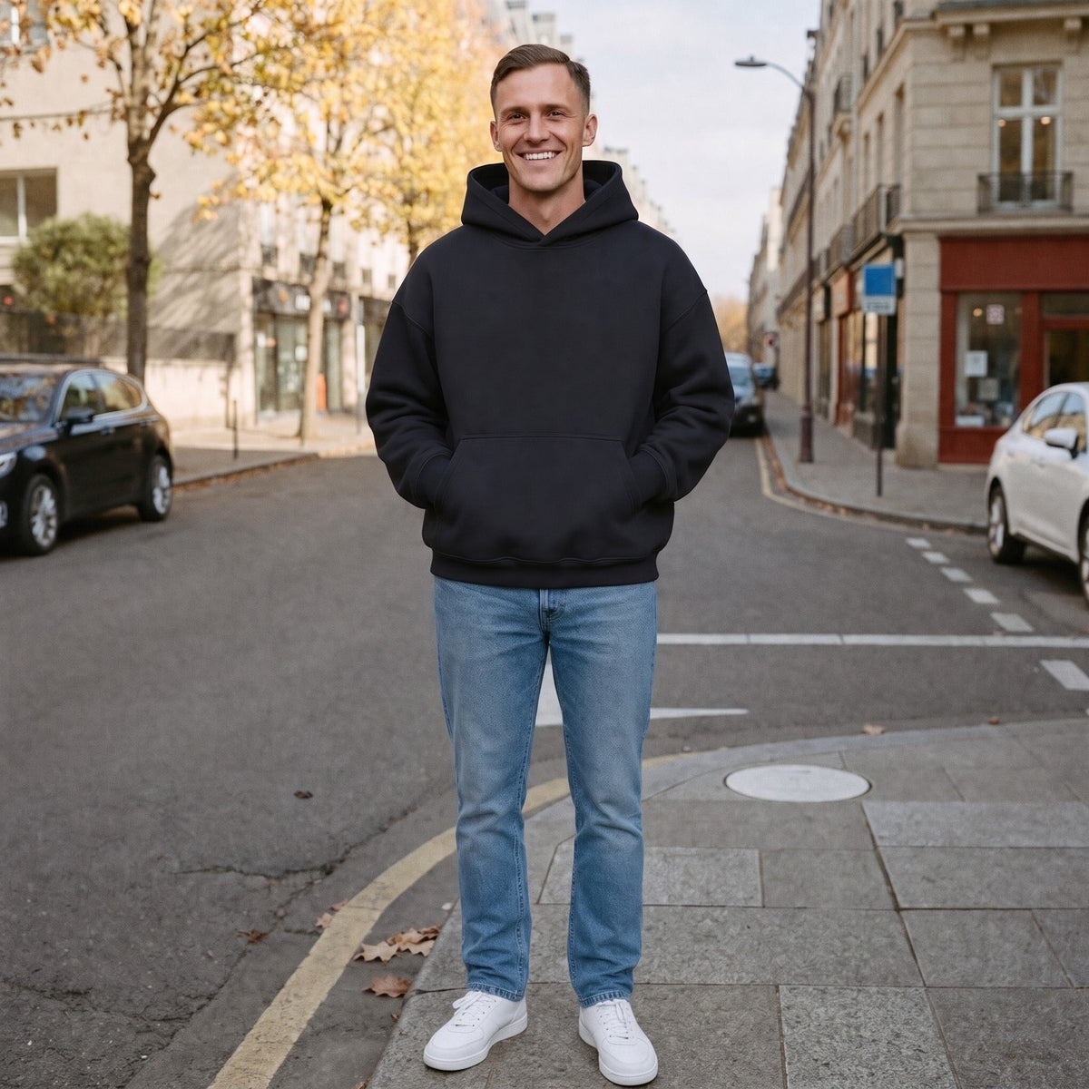 Man wearing black oversized hoodie with blue jeans on city street | Chaps London