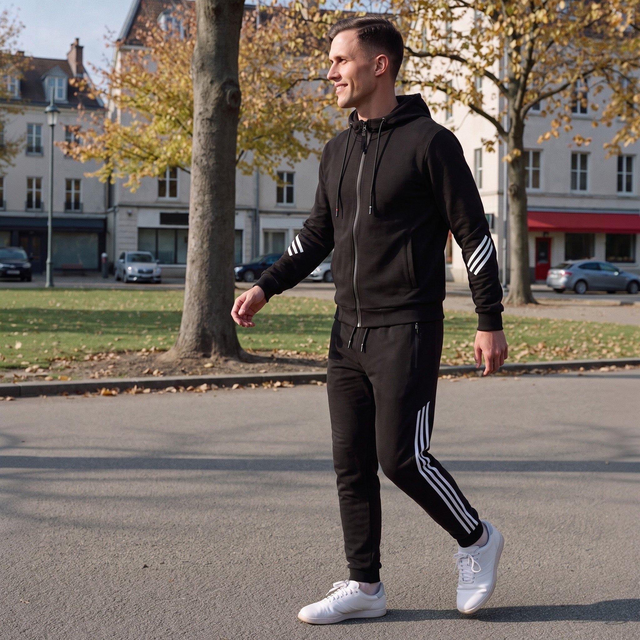 Man wearing black hooded tracksuit with white side stripes, walking outdoors | Chaps London