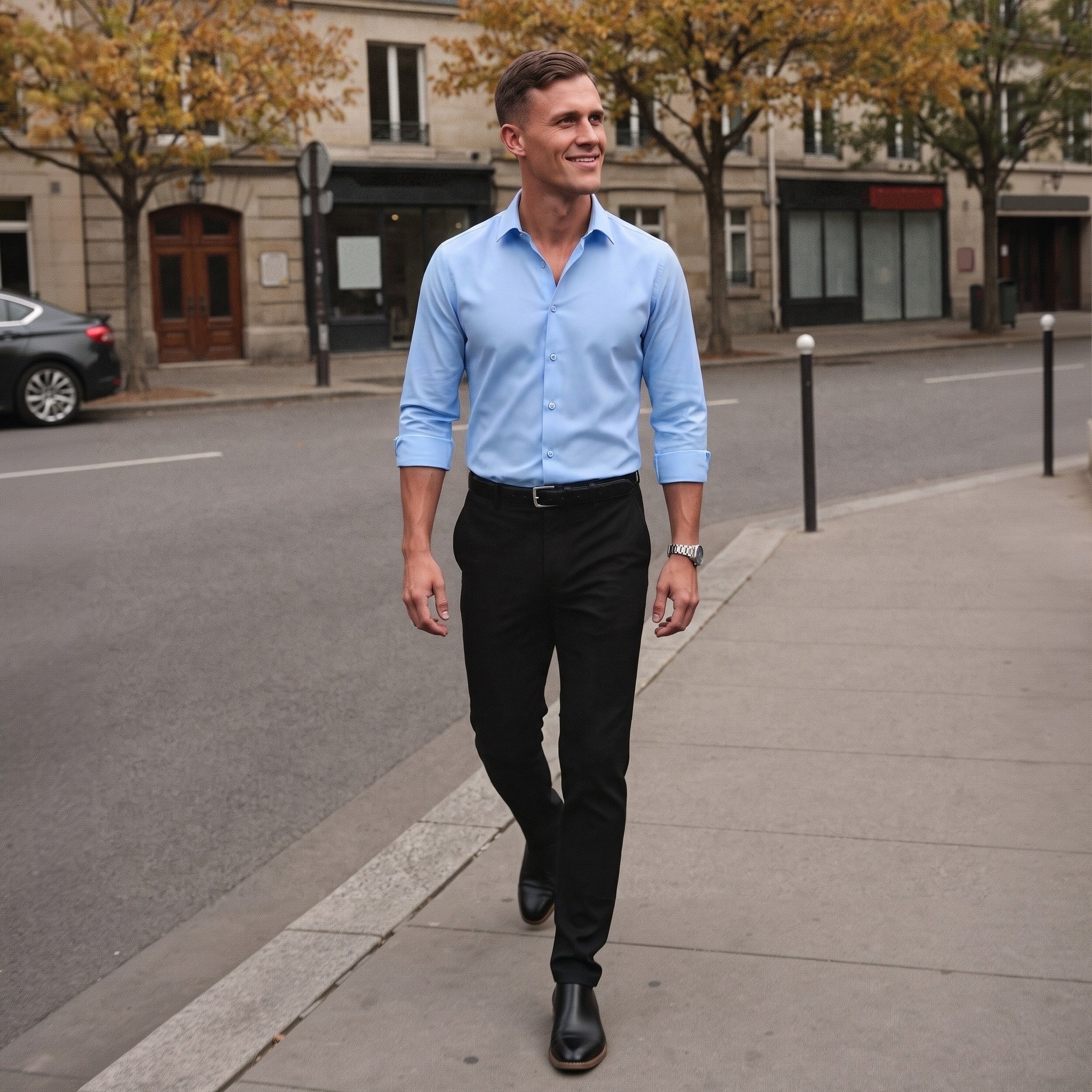 Man wearing light blue point collar shirt with black trousers, walking outdoors | Chaps London