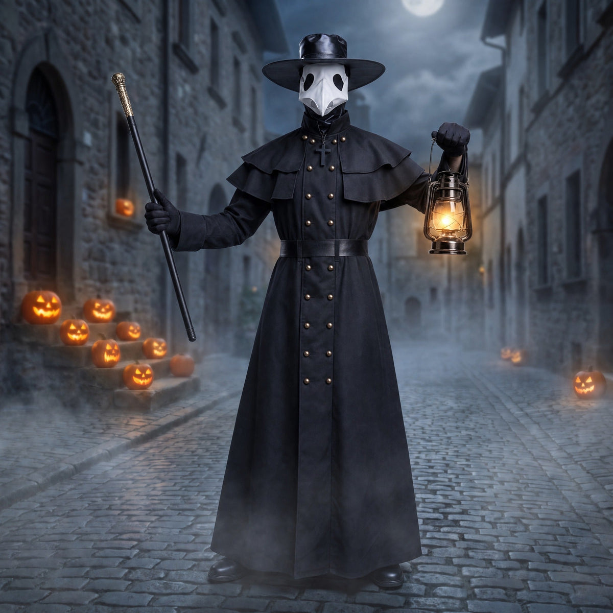 Black plague doctor costume with beak mask, hat and lantern, worn by model | Chaps London