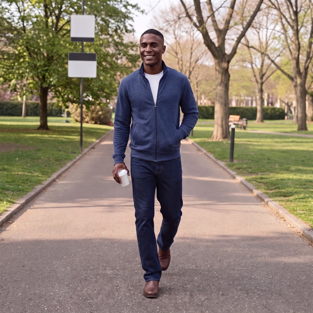 Man wearing navy full-zip jacket with white shirt, walking in park | Chaps London