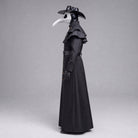 Black plague doctor costume with beak mask, hat, and belted coat on mannequin | Chaps London
