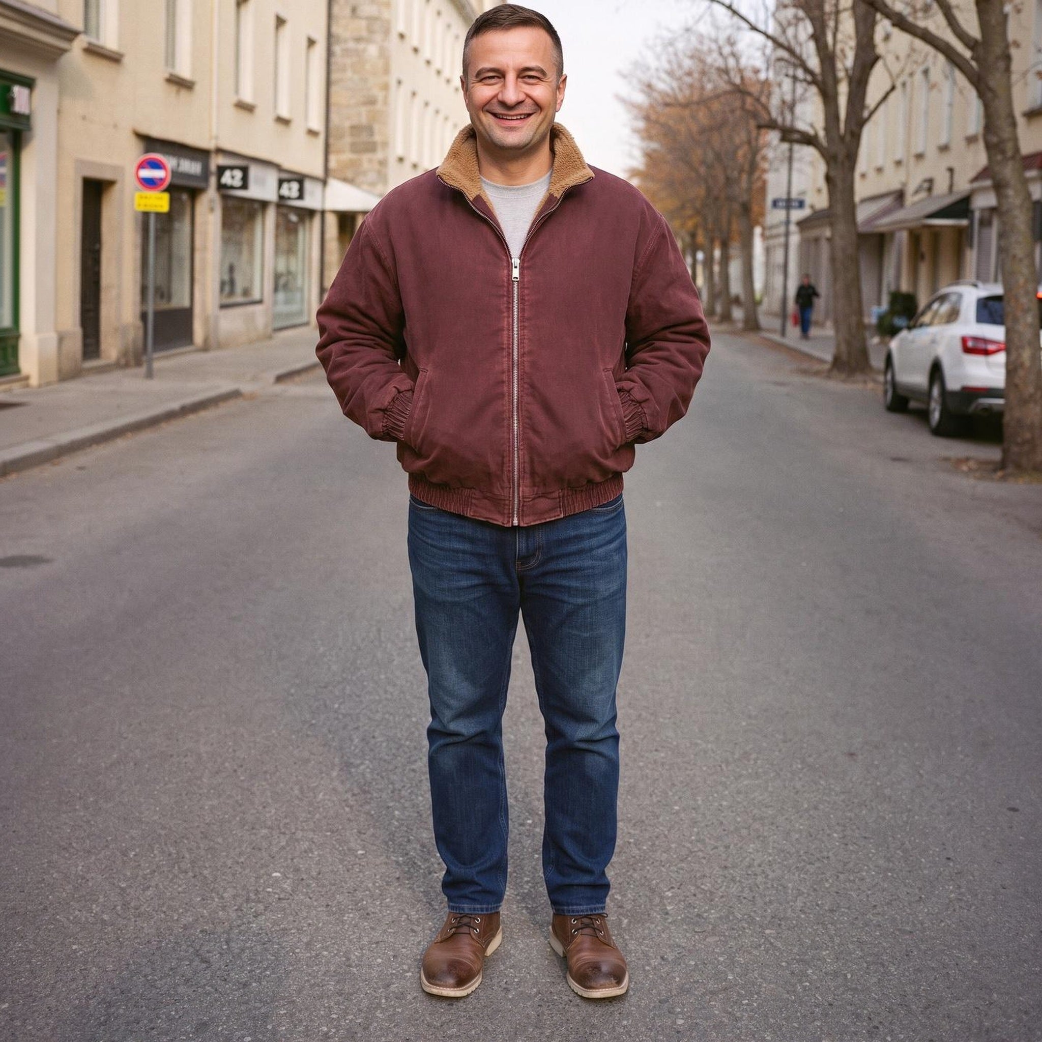 Man wearing maroon sherpa lined jacket with jeans on city street | Chaps London