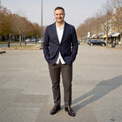 Man wearing brown oxford dress shoes with navy blazer and trousers | Chaps London