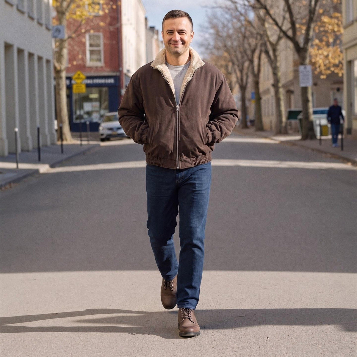 Man wearing brown sherpa lined jacket with jeans, walking on city street | Chaps London