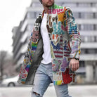 Men's mid-length open front casual coat with a colourful all-over hand sign print, worn over a white T-shirt