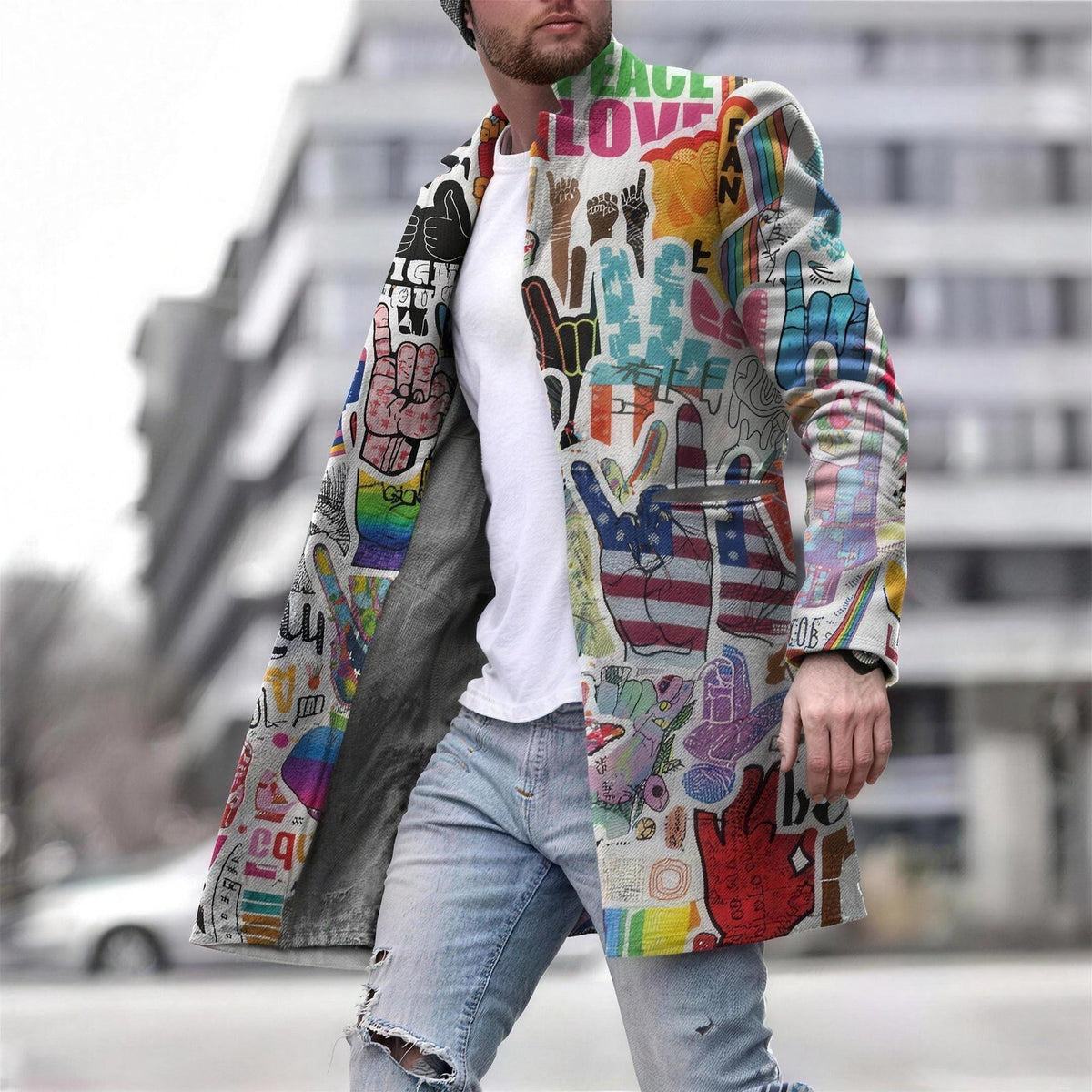 Men's mid-length open front casual coat with a colourful all-over hand sign print, worn over a white T-shirt