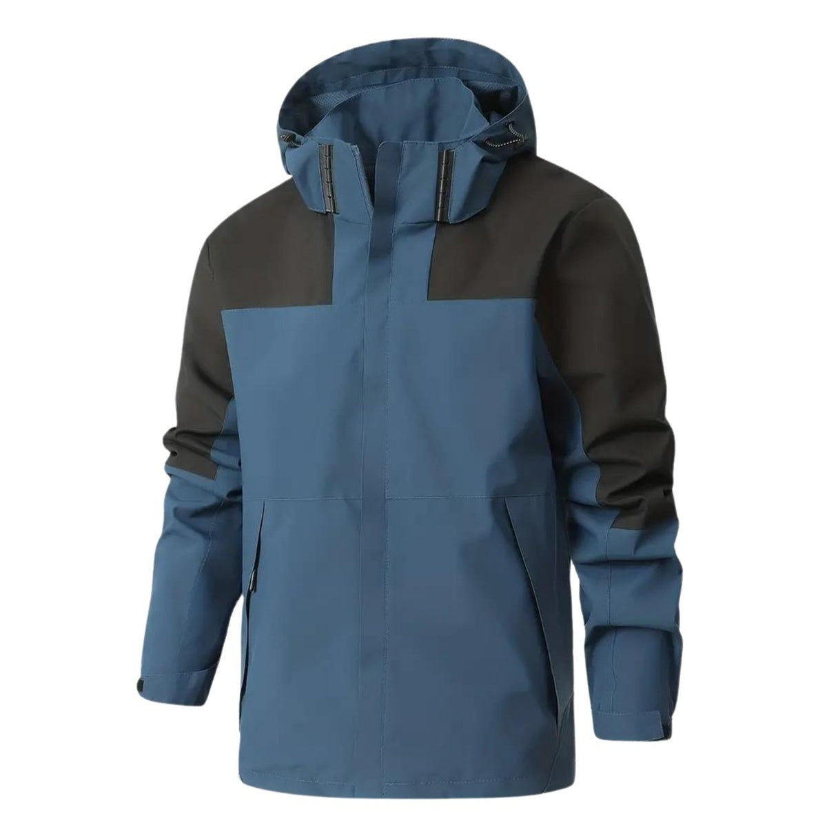 Men's blue and black colour block rain jacket with hood