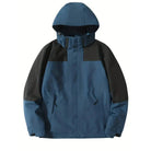 Blue rain jacket with detachable hood, front view
