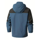 Blue rain jacket, back view